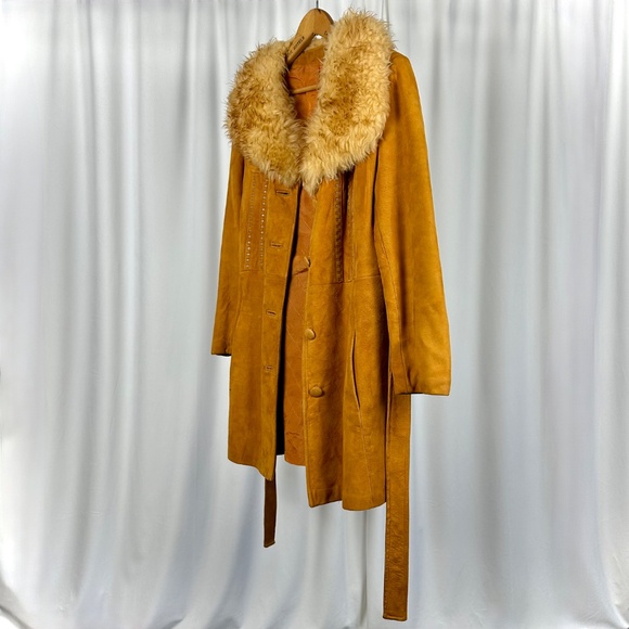 Vintage 1960’s Soft Suede Penny Lane Belted Trench Coat with Shearling Fur - M - Picture 11 of 14